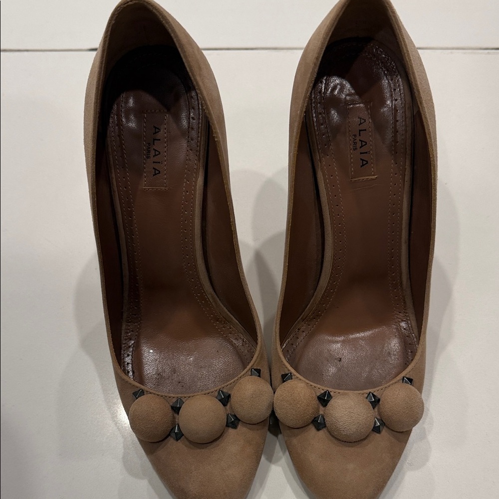 Alaia Tan Suede Pointed Toe Pumps with Studded Pom-Poms